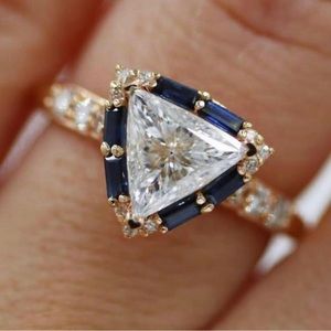 Halo Triangle Cut White & Blue Sapphire Engagement Ring